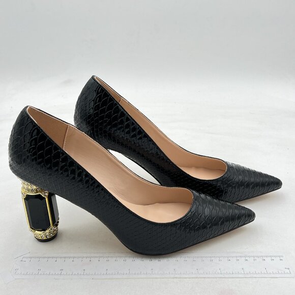 FSJ Black Snake Print Pointed Toe Block High Heel Crystal Slip on Wedding Pumps - Picture 4 of 8